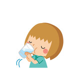 水を飲んでいる可愛い小さな女の子のイラスト　白背景