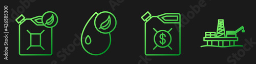 Set line Canister for motor machine oil, Bio fuel canister, Bio fuel and Oil platform in the sea. Gradient color icons. Vector