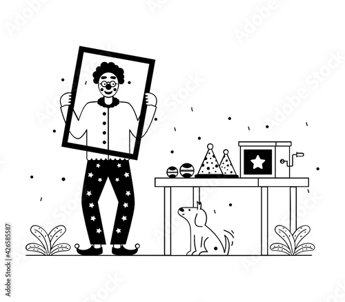 
A mime cartoon frame in a glyph line design 

