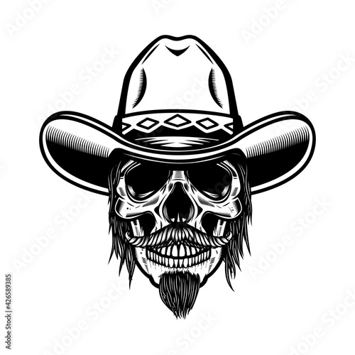 Illustration of skull in cowboy hat. Design element for logo, label, sign, poster. Vector illustration