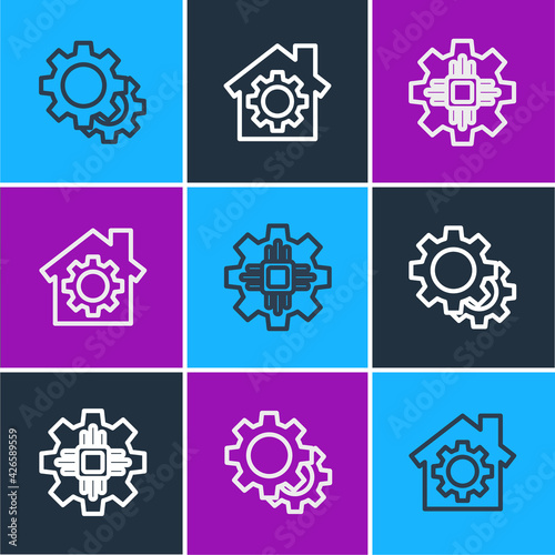 Set line Gear, Processor and House with gear icon. Vector