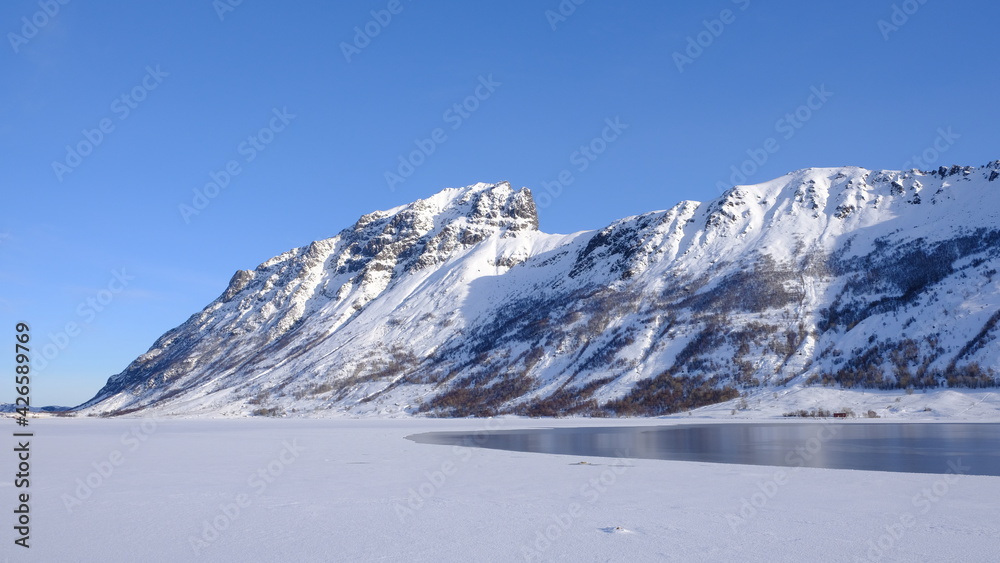 Lofoten Islands mountains and lakes in Winter