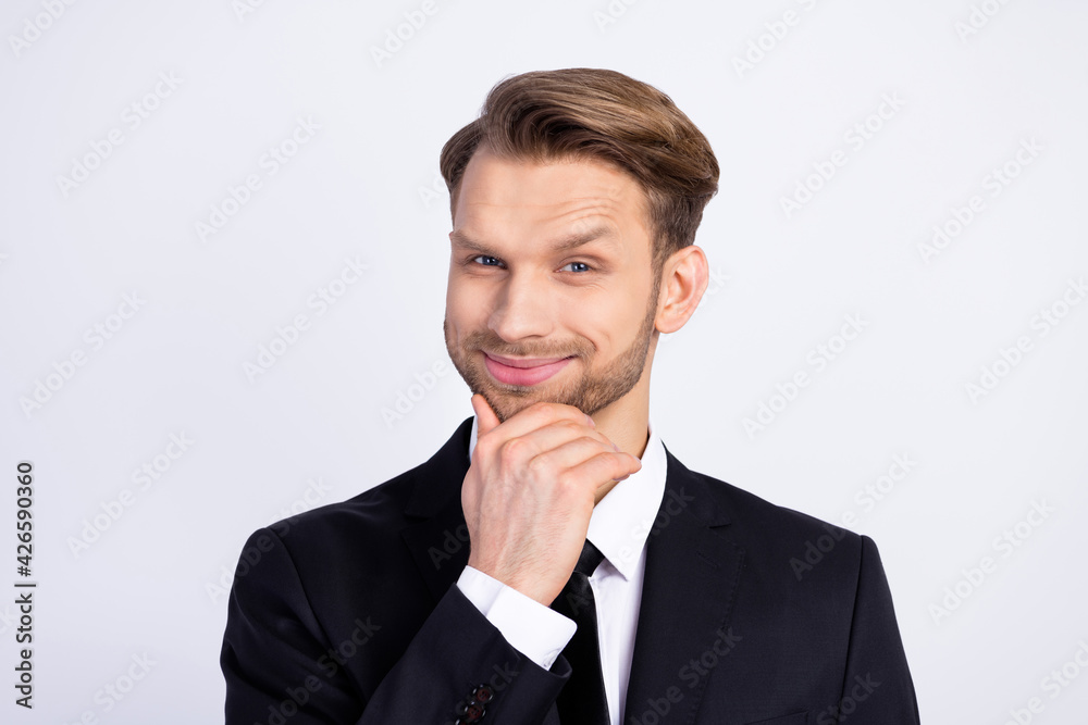 Photo portrait of smiling curious businessman in formalwear thinking got idea isolated on white color background