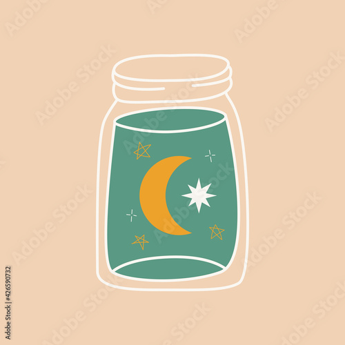 Hand drawn abstract jar with the Moon in modern, trendy colors, taro cards and boho concept, minimalism art.