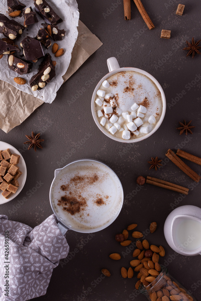 Winter cocoa drink with milk foam and marshmallow in a mug and an aluminum scoop, cinnamon and almonds, cane sugar and star anise, dark chocolate with nuts, top view Winter cocoa drink with milk foam and marshmallow in a mug and an aluminum scoop, cinnamon and almonds, cane sugar and star anise, dark chocolate with nuts, top view