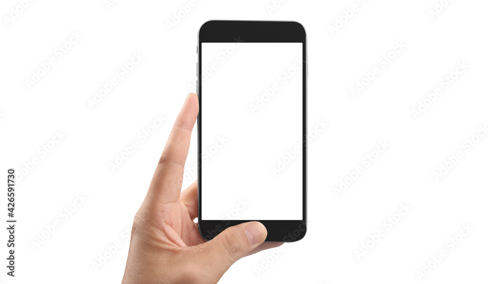 Hand holding smartphone device touching screen Hand holding smartphone device touching screen