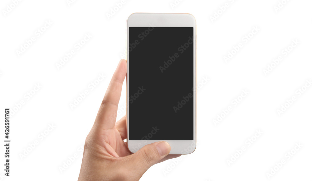 Hand holding smartphone device touching screen Hand holding smartphone device touching screen