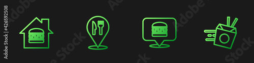 Set line Online ordering burger delivery, and, Cafe restaurant location and noodles. Gradient color icons. Vector