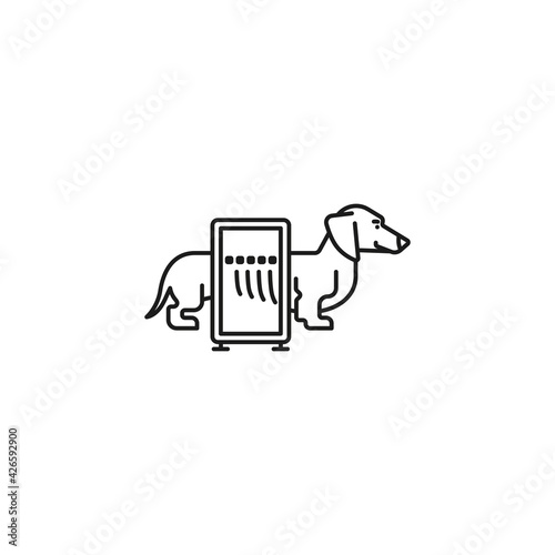 Taking an X-ray image of a Dachshund vector line icon. Medical technology and veterinary examination symbol