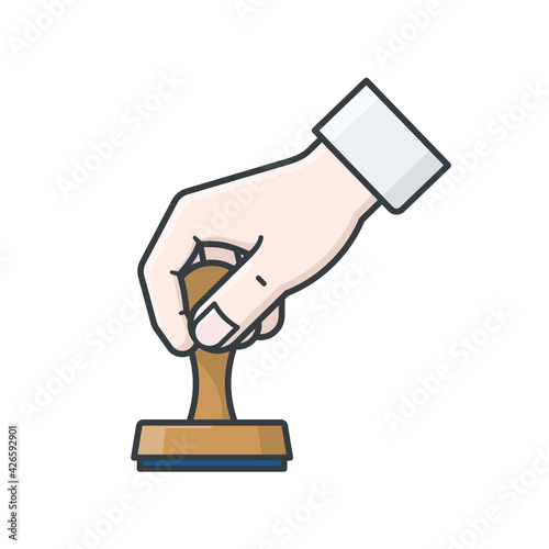 Hand with rubber stamp isolated vector illustration for Notary Public Day on November 7. Bureaucracy symbol.