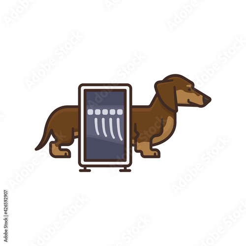 Taking an X-ray image of a Dachshund isolated vector illustration for X-Ray Day on November 8. Medical technology and veterinary medicine concept.