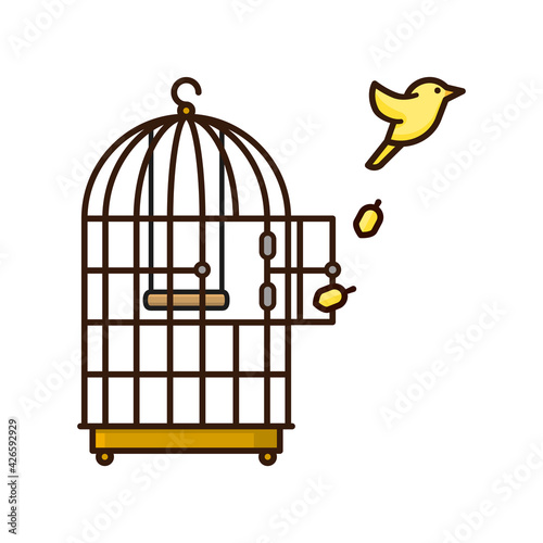 Canary bird escaping from birdcage isolated vector illustration for Freedom Day on November 9. Liberation concept outline symbol.