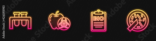 Set line Document for bio healthy food, Test tube and flask, Genetically modified apple and Petri dish with bacteria. Glowing neon icon. Vector