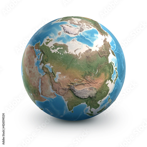 Planet Earth globe, isolated on white. Geography of the world from space, focused on Russia and Arctic region - 3D illustration, elements of this image furnished by NASA. © mozZz