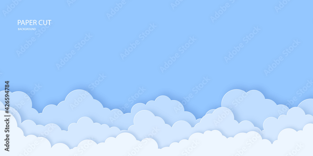 Modern paper art and craft style sky background with 3d clouds.