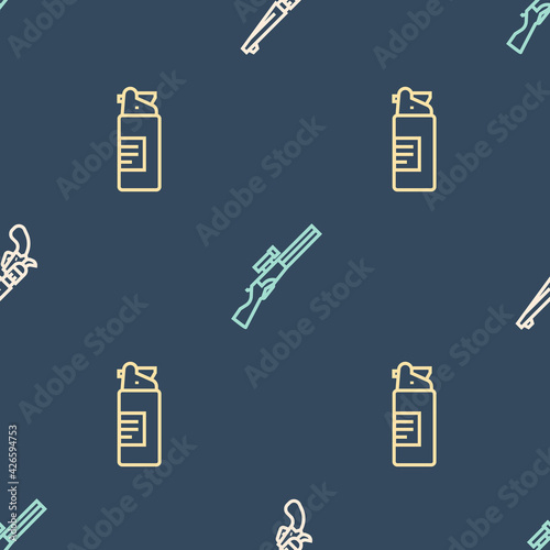 Set line Revolver gun, Weapons oil bottle and Hunting on seamless pattern. Vector
