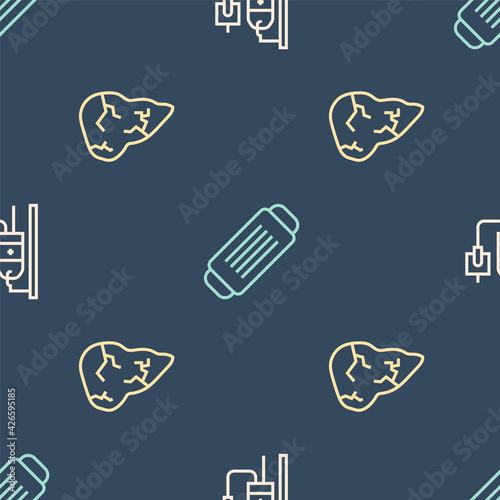 Set line IV bag, Hepatitis virus and Medical protective mask on seamless pattern. Vector