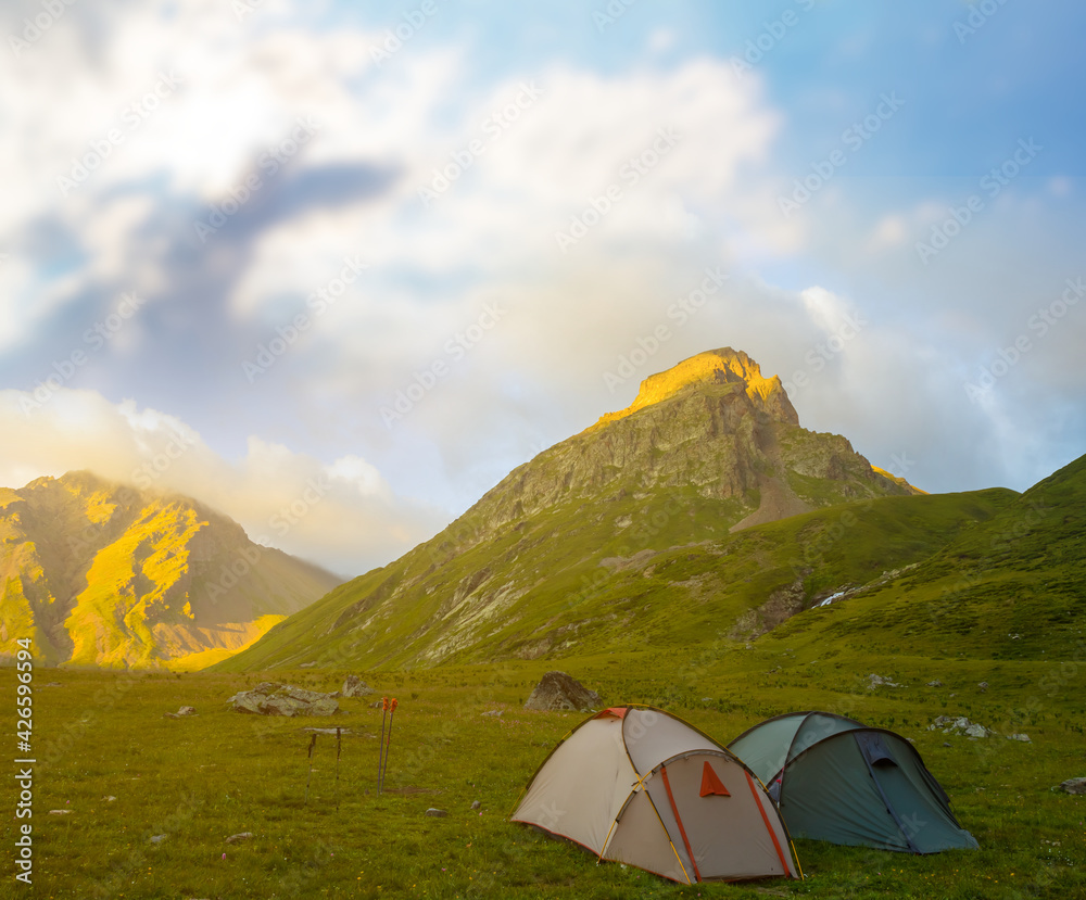 touristic camp in mountain at the early morning