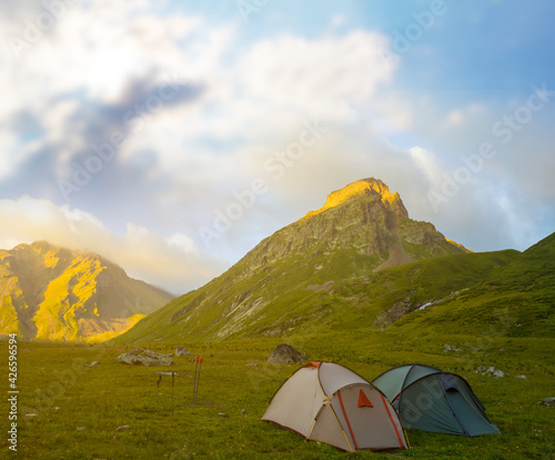 touristic camp in mountain at the early morning