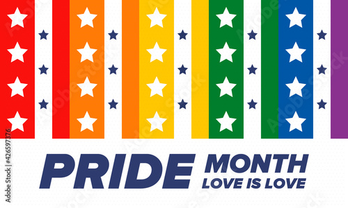 LGBTQIA Pride Month in June. Lesbian Gay Bisexual Transgender. Celebrated annual. LGBT flag. Rainbow love concept. Human rights and tolerance. Poster, card, banner and background. Vector illustration