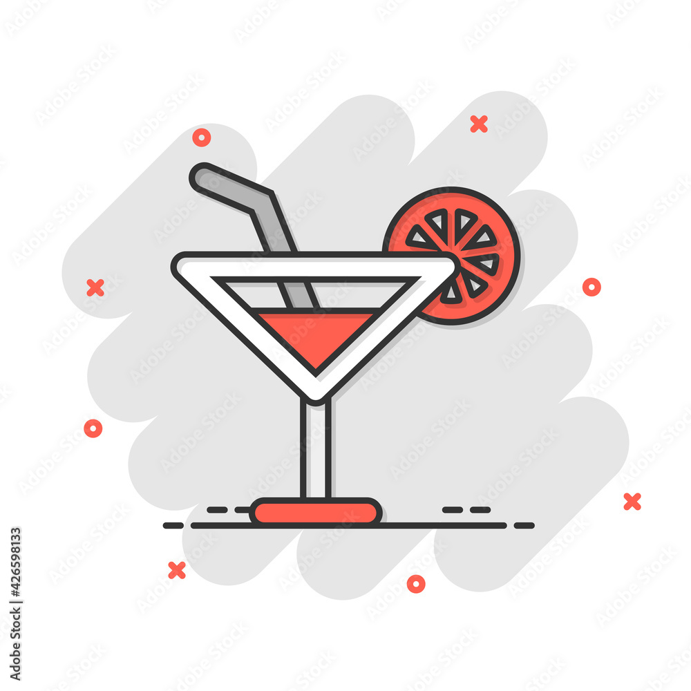 Alcohol cocktail icon in comic style. Drink glass vector cartoon illustration on white isolated background. Martini liquid business concept splash effect. Alcohol cocktail icon in comic style. Drink glass vector cartoon illustration on white isolated background. Martini liquid business concept splash effect.