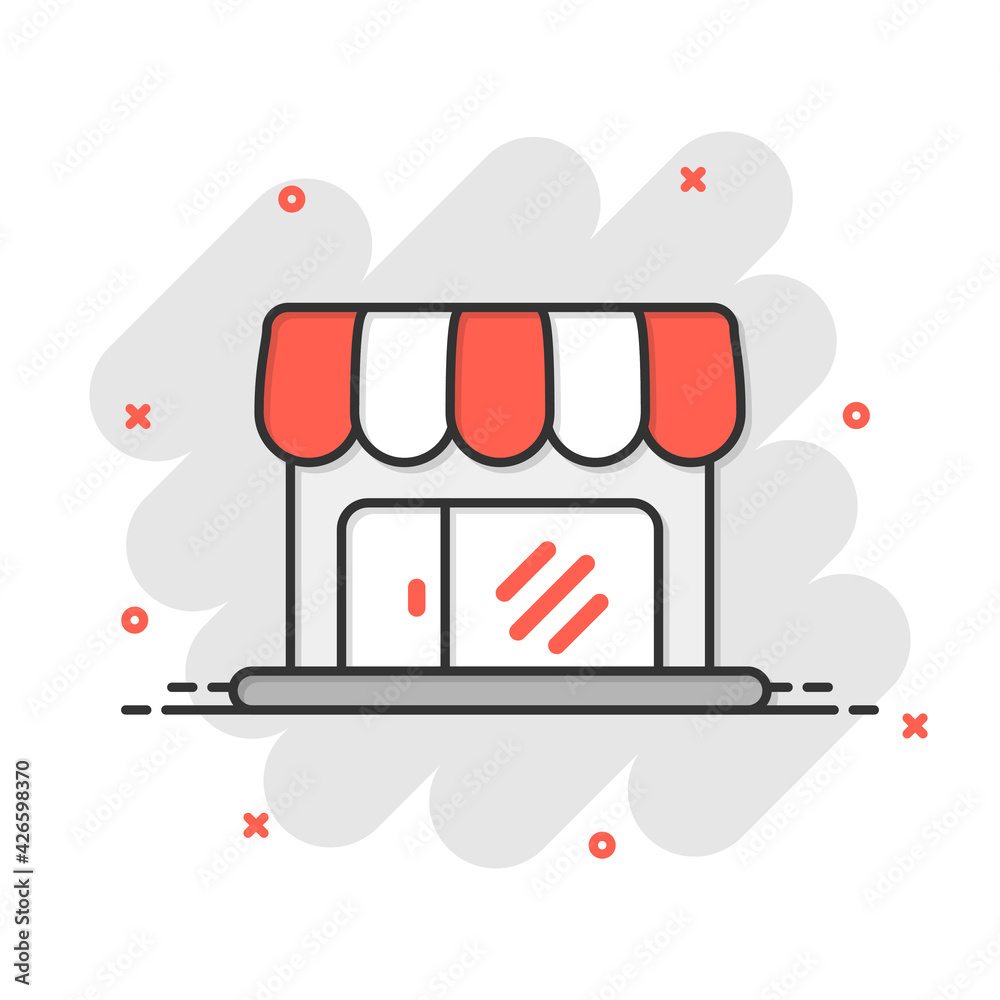Grocery store icon in comic style. Shop building vector cartoon illustration on white isolated background. Market boutique business concept splash effect. Grocery store icon in comic style. Shop building vector cartoon illustration on white isolated background. Market boutique business concept splash effect.