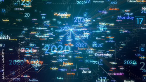 futuristic calendar with years, months and weekdays, the time passing, or concept of time travel (3d render) photo