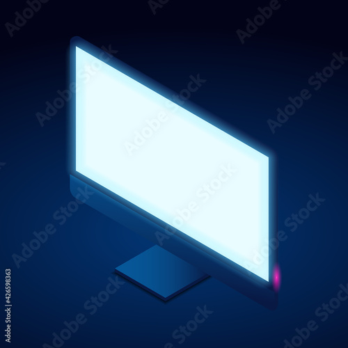 monitor isometric vector illustration with glowing neon colors and dark background