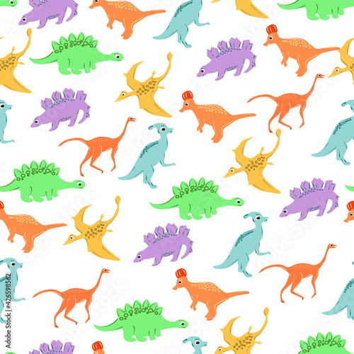 Seamless pattern with colorful colorful dinosaurs