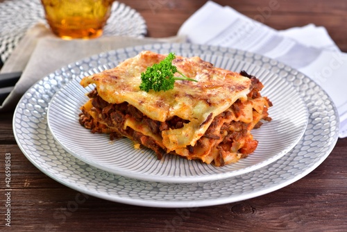 Lasagne bolognese with minced meat and tomato sauce