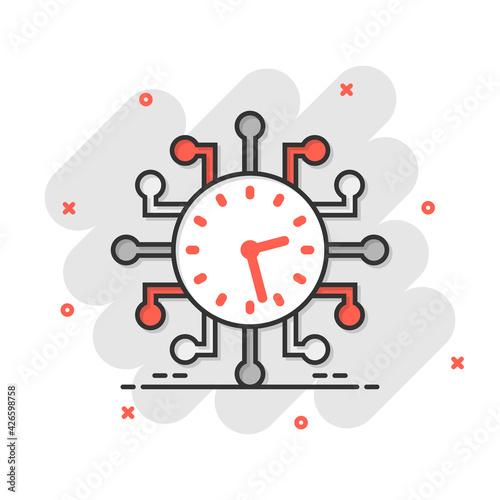 Real time icon in comic style. Clock vector cartoon illustration on white isolated background. Watch business concept splash effect.