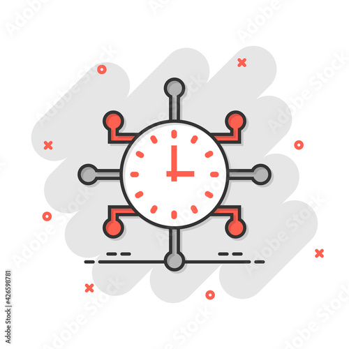 Real time icon in comic style. Clock vector cartoon illustration on white isolated background. Watch business concept splash effect.