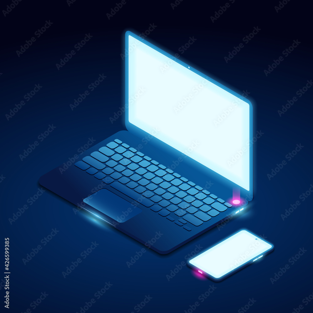 laptop and smart phone isometric view vector illustration with glowing neon colors and dark background laptop and smart phone isometric view vector illustration with glowing neon colors and dark background