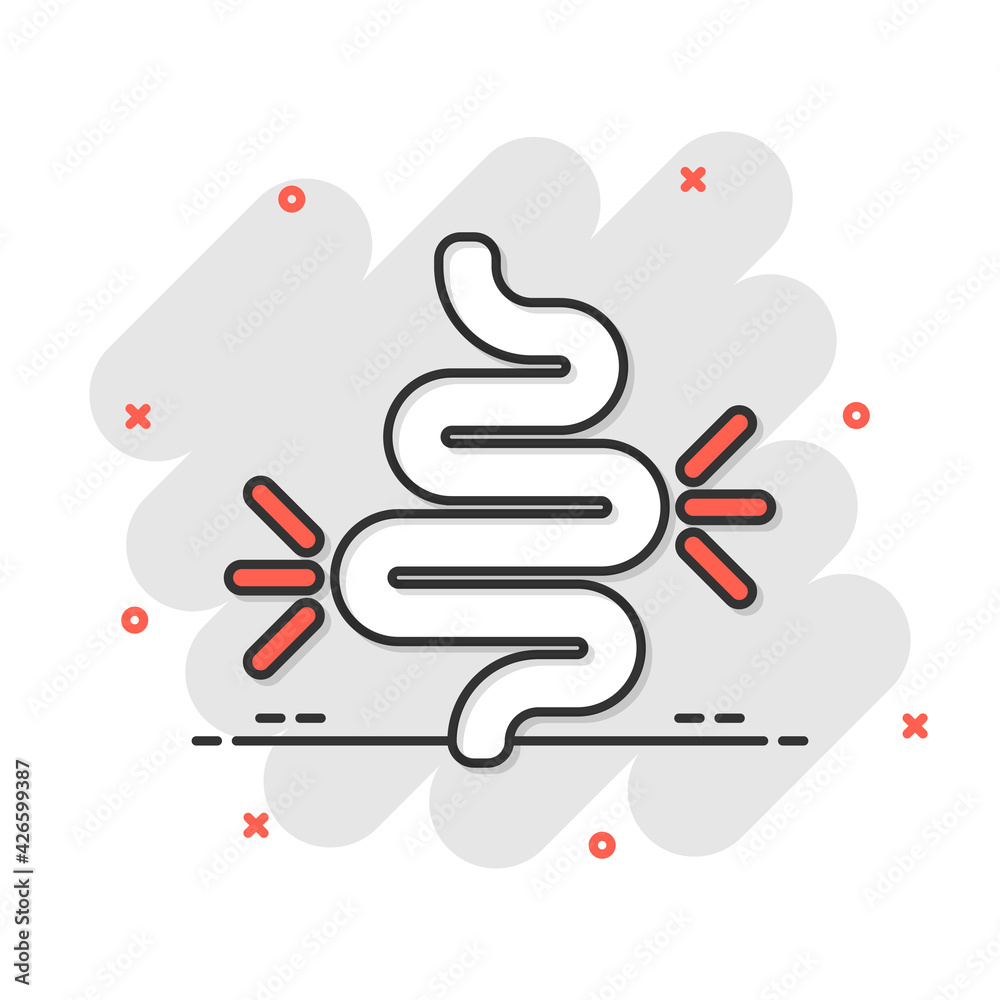Gut constipation icon in comic style. Colitis vector cartoon illustration on white isolated background. Stomach business concept splash effect. Gut constipation icon in comic style. Colitis vector cartoon illustration on white isolated background. Stomach business concept splash effect.