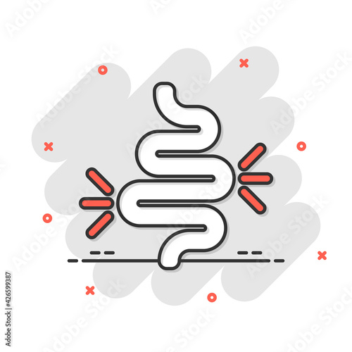 Gut constipation icon in comic style. Colitis vector cartoon illustration on white isolated background. Stomach business concept splash effect.