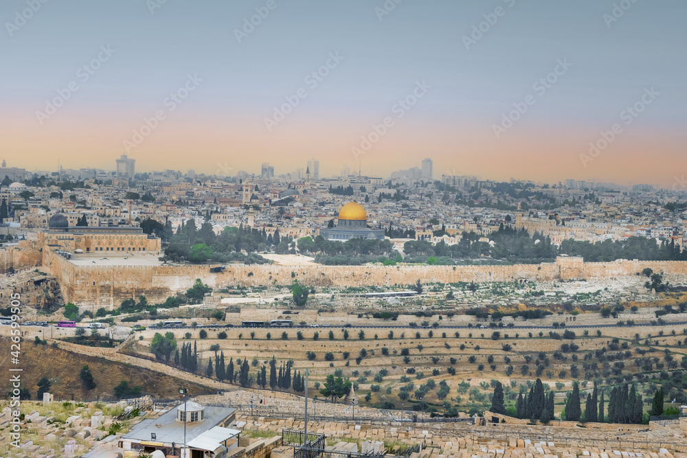 Panorama of the old city Jerusalem and monumental defensive walls. Most important world holy places
