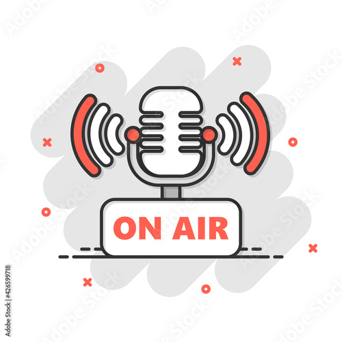 Microphone icon in comic style. Live broadcast vector cartoon illustration on white isolated background. On air business concept splash effect.