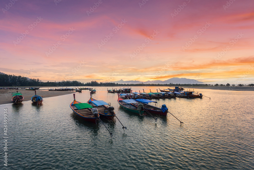 Beautiful landscape and longtail boat at Bang Ben Beach in sunrise time