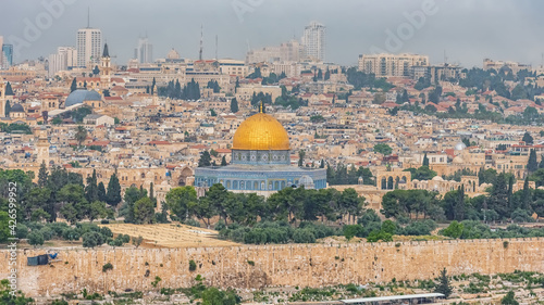 The old city Jerusalem and monumental defensive walls. The Dome of the Rock. Most important world holy places. Israel landmarks