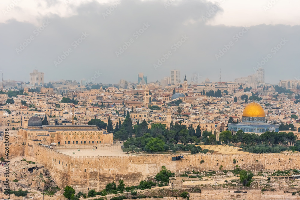 Most important world holy places. Panorama of the old city Jerusalem, the Dome of the Rock, monumental defensive walls. Israel landmarks