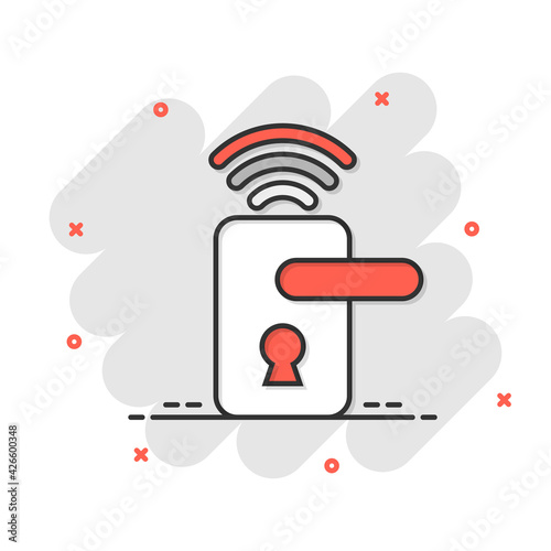 Wireless door lock sign icon in comic style. Smart home vector cartoon illustration on white isolated background. Remote system business concept splash effect.