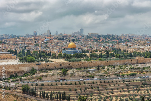 Important world holy places. Panorama of the old city Jerusalem, the Dome of the Rock, monumental defensive walls