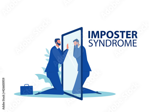 Imposter syndrome.businessman looking a mirror with fear shadow behind,Mental Health Problems, Anxiety and lack of self confidence at work Vector Illustration
