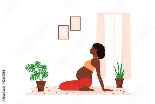 Pregnant African woman practicing yoga at home. Vector illustration, eps 10