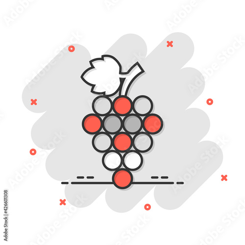 Grape fruits sign icon in comic style. Grapevine vector cartoon illustration on white isolated background. Wine grapes business concept splash effect.
