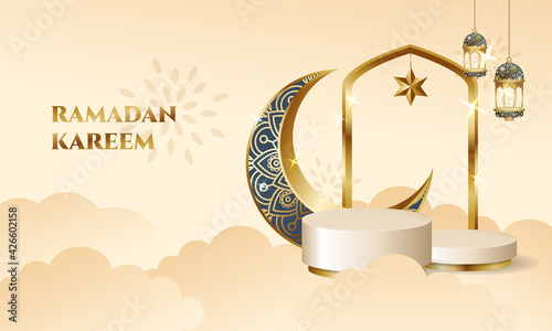 Ramadan podium stage for display product with Crescent moon and lantern decoration. Islamic theme vector background.