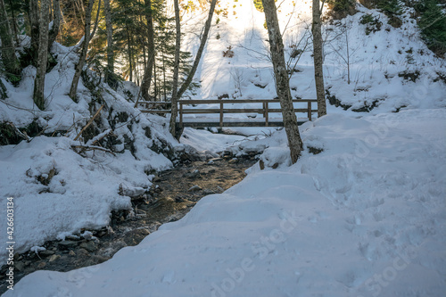 Picturesque winter landscape. Mountain stream and old wooden bridge