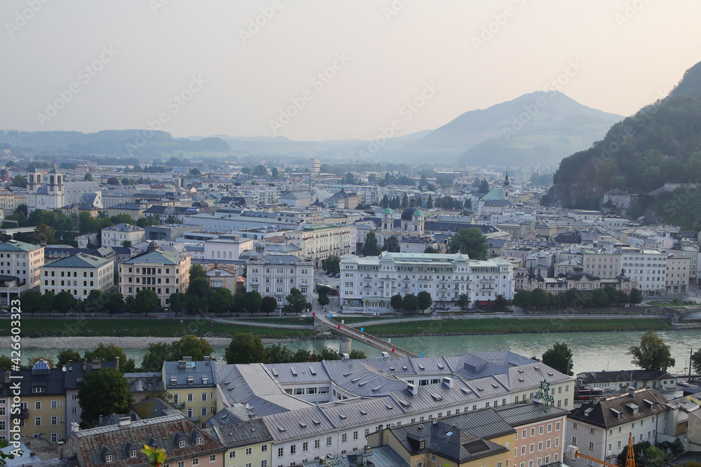 The view from Mönchsberg mountain to the old town of Salzburg, Austria
