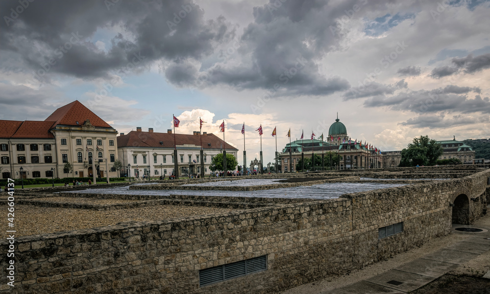 Budapest, Hungary - August 29 2019: Archaeological site in front of the royal palace and presidential residence in Budapest, Hungary. Popular tourist attraction on Buda Hill