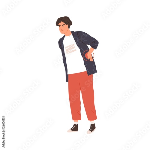 Person touching his back and suffering from backache. Man with loin ache. Patient with chronic physical pain or trauma. Colored flat vector illustration isolated on white background